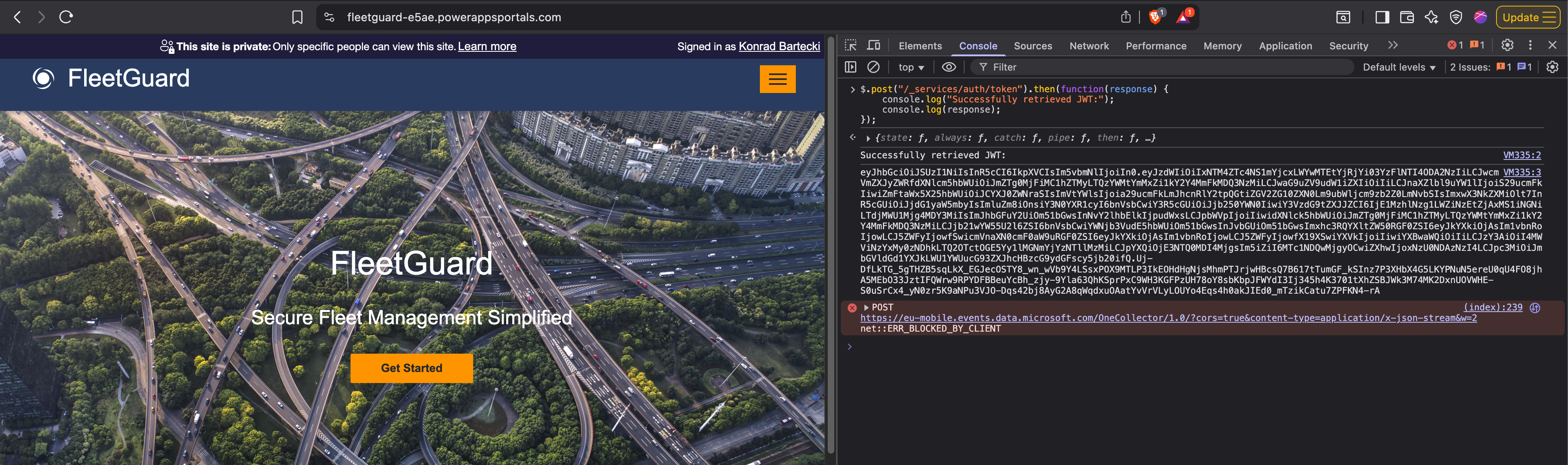 Screenshot showing a successful HTTP POST request on an authenticated Power Pages website to the token endpoint and resulting JWT token
