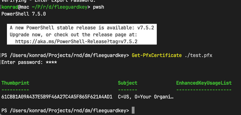 Screenshot showing the Get-PfxCertificate PowerShell command and its output, with the Thumbprint highlighted.