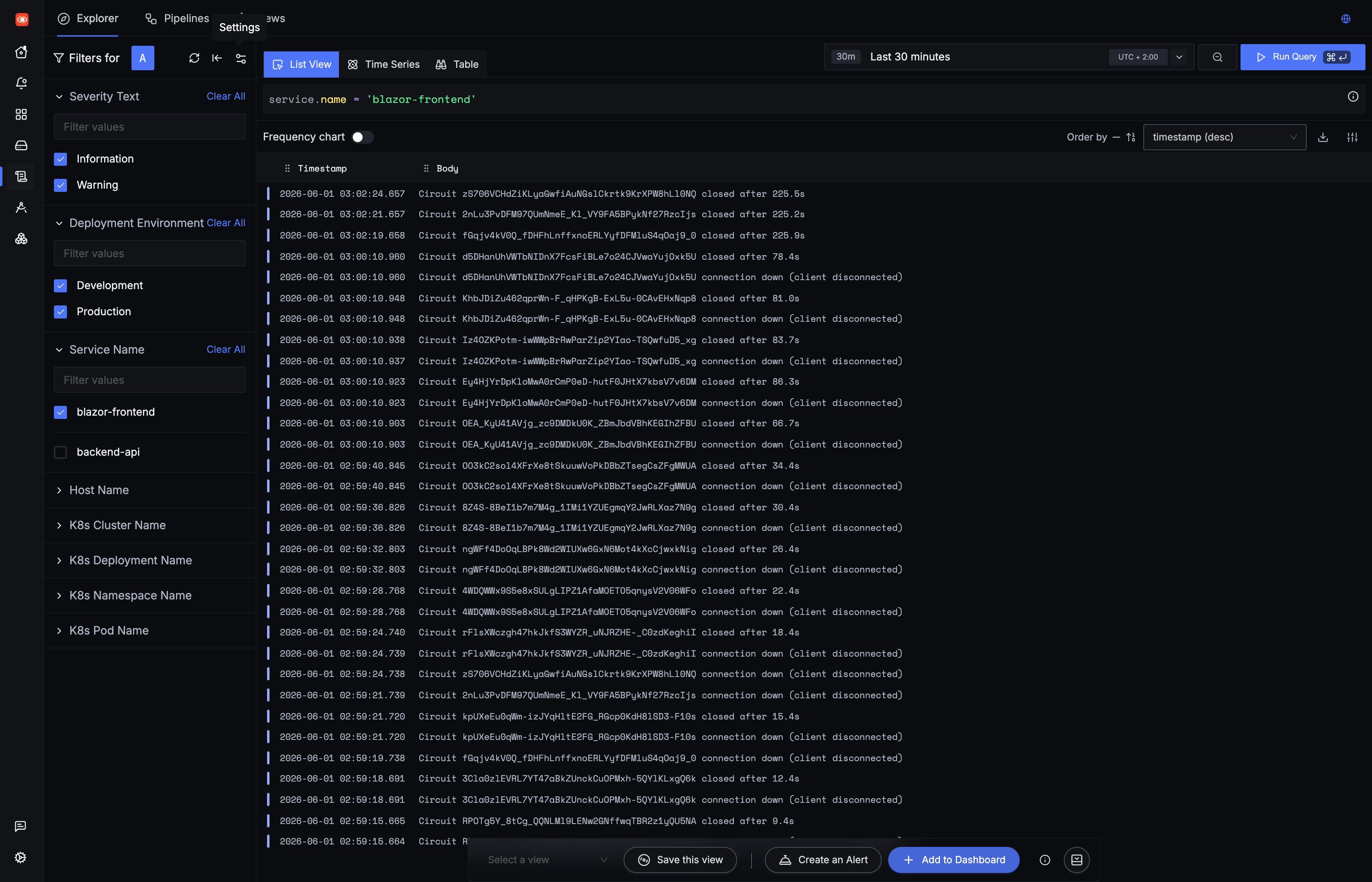 Blazor circuit lifecycle logs in the SigNoz Logs Explorer, filtered to service.name = blazor-frontend