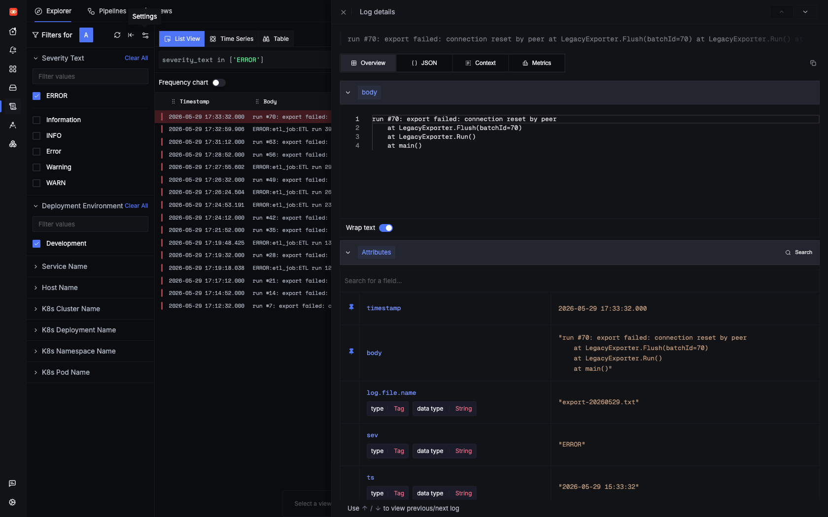 Legacy .txt log with a grouped multiline stack trace in SigNoz