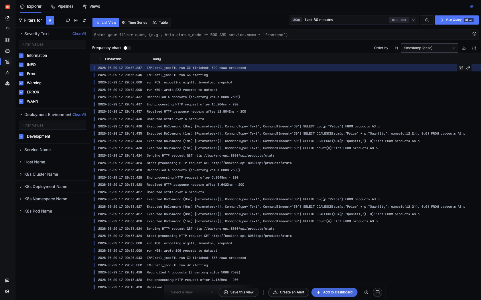SigNoz Logs Explorer with the severity quick-filter
